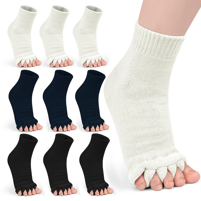 3 Pairs Five-Toe Separation Yoga Socks - Foot Correction & Massaging Wide-Toe Design for, Open-Toe Fitness Socks for Yoga, Pilates, Gym - for,, Dance - Comfortable & Balances Posture